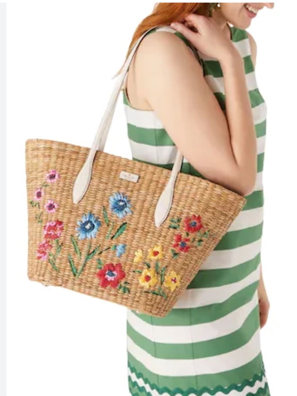 Kate Spade New York Garden Embroidered Straw Tote NWT